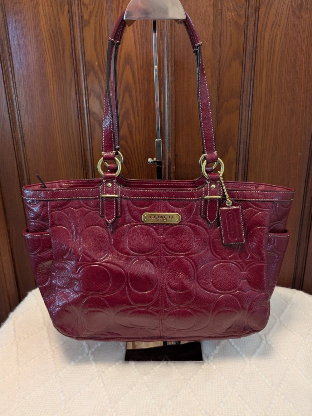 COACH Burgundy/Red Patent Leather Signature Embossed Gallery Tote
